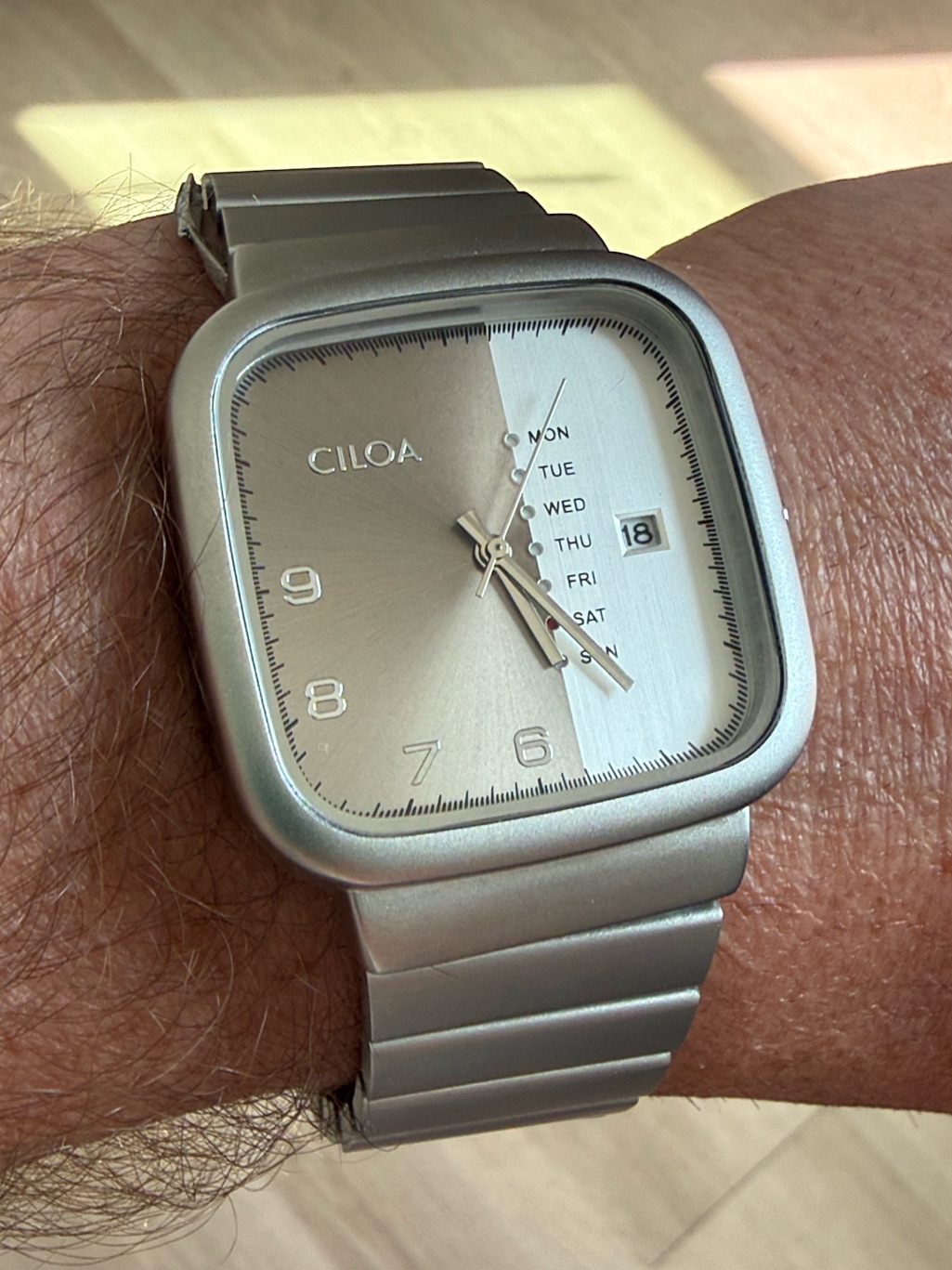 Mens Silver DayDate Square Stainless Steel Watch